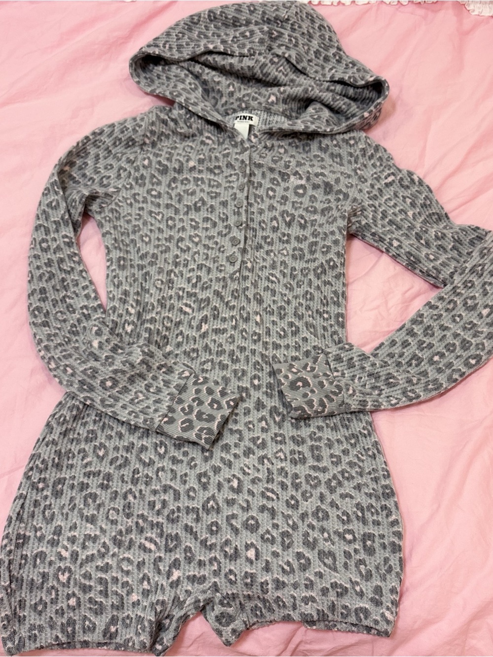 PINK Victoria's Secret Gray Leopard Knit Hooded Romper